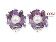 White Freshwater Pearl and Amethyst Chips Earrings 